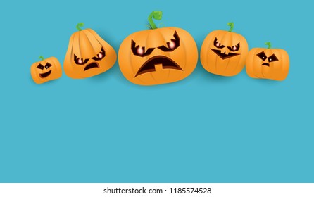 Halloween Horizontal web Banner or poster with Halloween scary pumpkins isolated on azure wall background. Funky kids Halloween background with space for text