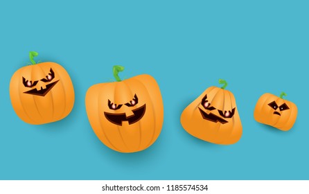 Halloween Horizontal web Banner or poster with Halloween scary pumpkins isolated on azure wall background. Funky kids Halloween background with space for text