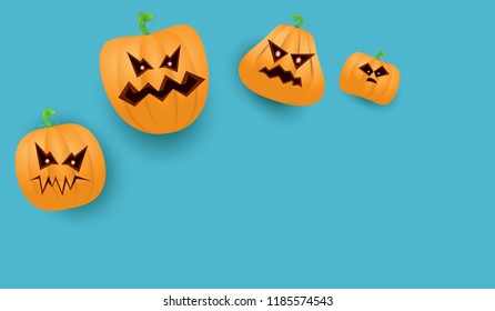 Halloween Horizontal web Banner or poster with Halloween scary pumpkins isolated on azure wall background. Funky kids Halloween background with space for text