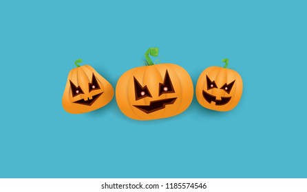 Halloween Horizontal web Banner or poster with Halloween scary pumpkins isolated on azure wall background. Funky kids Halloween background with space for text