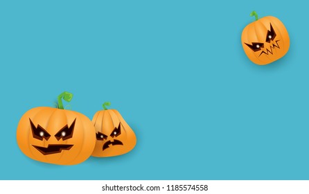 Halloween Horizontal web Banner or poster with Halloween scary pumpkins isolated on azure wall background. Funky kids Halloween background with space for text