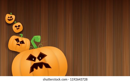 Halloween Horizontal web Banner or poster with Halloween scary pumpkins isolated on wooden wall background. Funky kids Halloween background with space for text
