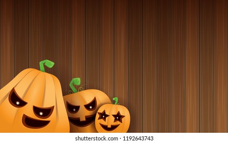 Halloween Horizontal web Banner or poster with Halloween scary pumpkins isolated on wooden wall background. Funky kids Halloween background with space for text