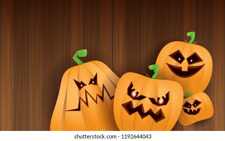 Halloween Horizontal web Banner or poster with Halloween scary pumpkins isolated on wooden wall background. Funky kids Halloween background with space for text