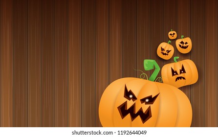 Halloween Horizontal web Banner or poster with Halloween scary pumpkins isolated on wooden wall background. Funky kids Halloween background with space for text
