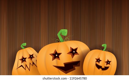 Halloween Horizontal web Banner or poster with Halloween scary pumpkins isolated on wooden wall background. Funky kids Halloween background with space for text