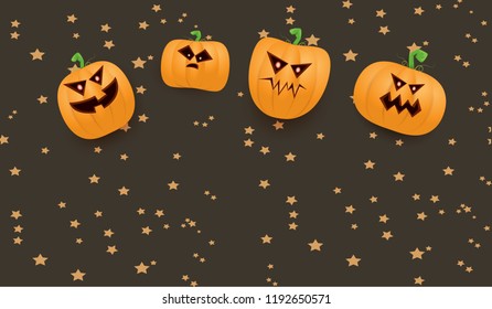 Halloween Horizontal web Banner or poster with Halloween scary pumpkins isolated on brown night sky background. Funky kids Halloween background with space for text