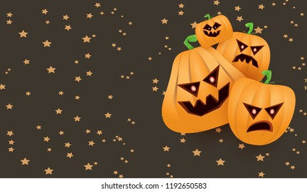 Halloween Horizontal web Banner or poster with Halloween scary pumpkins isolated on brown night sky background. Funky kids Halloween background with space for text