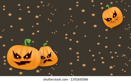 Halloween Horizontal web Banner or poster with Halloween scary pumpkins isolated on brown night sky background. Funky kids Halloween background with space for text