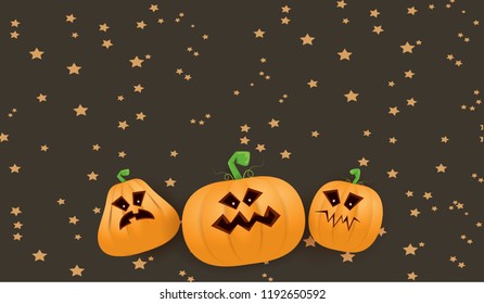 Halloween Horizontal web Banner or poster with Halloween scary pumpkins isolated on brown night sky background. Funky kids Halloween background with space for text