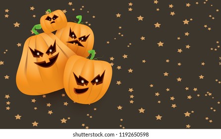 Halloween Horizontal web Banner or poster with Halloween scary pumpkins isolated on brown night sky background. Funky kids Halloween background with space for text