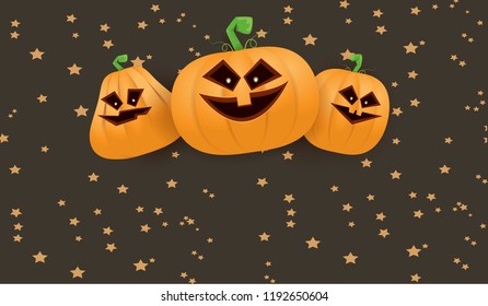 Halloween Horizontal web Banner or poster with Halloween scary pumpkins isolated on brown night sky background. Funky kids Halloween background with space for text
