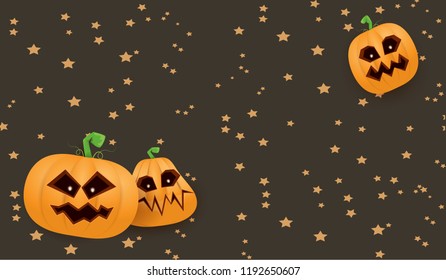 Halloween Horizontal web Banner or poster with Halloween scary pumpkins isolated on brown night sky background. Funky kids Halloween background with space for text
