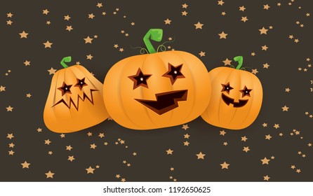 Halloween Horizontal web Banner or poster with Halloween scary pumpkins isolated on brown night sky background. Funky kids Halloween background with space for text