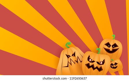 Halloween Horizontal web Banner or poster with Halloween scary pumpkins isolated on striped wall . Funky kids Halloween background with space for text
