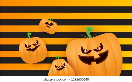 Halloween Horizontal web Banner or poster with Halloween scary pumpkins isolated on striped wall . Funky kids Halloween background with space for text