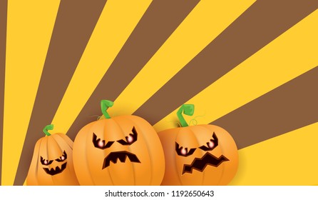 Halloween Horizontal web Banner or poster with Halloween scary pumpkins isolated on striped wall . Funky kids Halloween background with space for text