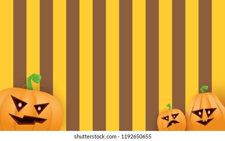 Halloween Horizontal web Banner or poster with Halloween scary pumpkins isolated on striped wall . Funky kids Halloween background with space for text