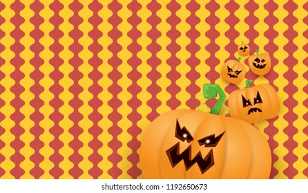 Halloween Horizontal web Banner or poster with Halloween scary pumpkins isolated on striped wall . Funky kids Halloween background with space for text