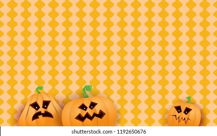 Halloween Horizontal web Banner or poster with Halloween scary pumpkins isolated on striped wall . Funky kids Halloween background with space for text