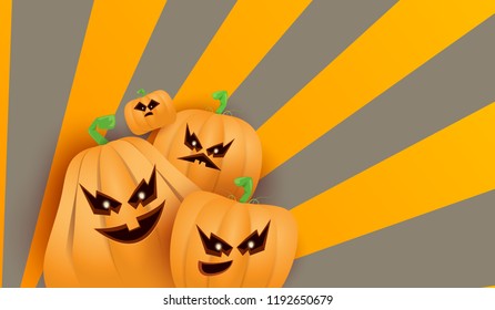 Halloween Horizontal web Banner or poster with Halloween scary pumpkins isolated on striped wall . Funky kids Halloween background with space for text