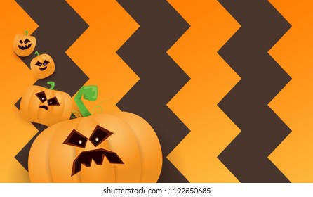 Halloween Horizontal web Banner or poster with Halloween scary pumpkins isolated on striped wall . Funky kids Halloween background with space for text