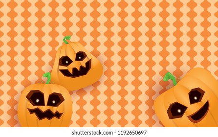 Halloween Horizontal web Banner or poster with Halloween scary pumpkins isolated on striped wall . Funky kids Halloween background with space for text