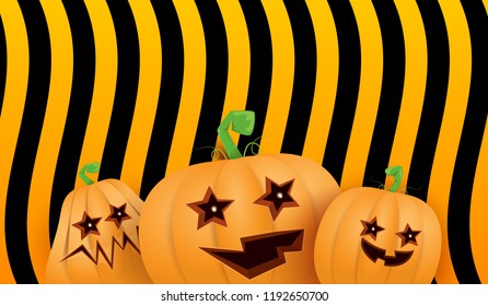 Halloween Horizontal web Banner or poster with Halloween scary pumpkins isolated on striped wall . Funky kids Halloween background with space for text