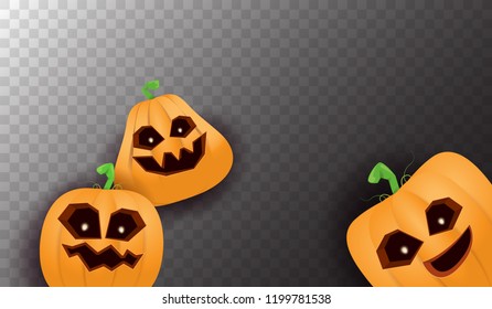 Halloween Horizontal web Banner or poster with Halloween scary pumpkins isolated on transparent background. Funky kids Halloween background with space for text
