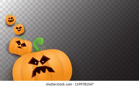 Halloween Horizontal web Banner or poster with Halloween scary pumpkins isolated on transparent background. Funky kids Halloween background with space for text