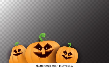 Halloween Horizontal web Banner or poster with Halloween scary pumpkins isolated on transparent background. Funky kids Halloween background with space for text