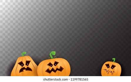 Halloween Horizontal web Banner or poster with Halloween scary pumpkins isolated on transparent background. Funky kids Halloween background with space for text