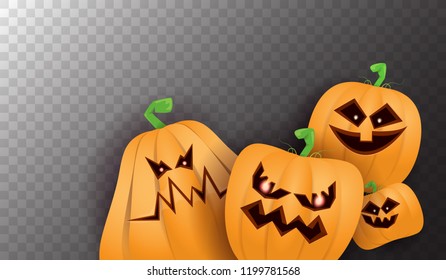 Halloween Horizontal web Banner or poster with Halloween scary pumpkins isolated on transparent background. Funky kids Halloween background with space for text