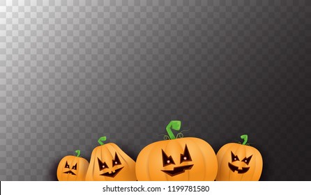 Halloween Horizontal web Banner or poster with Halloween scary pumpkins isolated on transparent background. Funky kids Halloween background with space for text