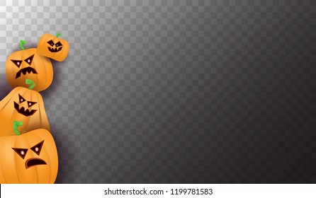 Halloween Horizontal web Banner or poster with Halloween scary pumpkins isolated on transparent background. Funky kids Halloween background with space for text