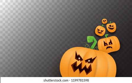 Halloween Horizontal web Banner or poster with Halloween scary pumpkins isolated on transparent background. Funky kids Halloween background with space for text