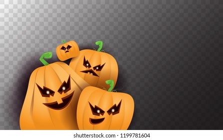 Halloween Horizontal web Banner or poster with Halloween scary pumpkins isolated on transparent background. Funky kids Halloween background with space for text