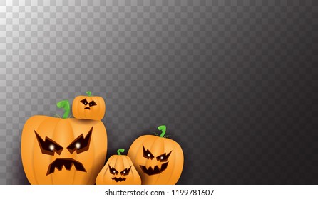 Halloween Horizontal web Banner or poster with Halloween scary pumpkins isolated on transparent background. Funky kids Halloween background with space for text