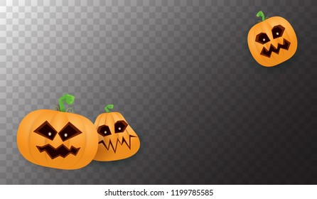 Halloween Horizontal web Banner or poster with Halloween scary pumpkins isolated on transparent background. Funky kids Halloween background with space for text
