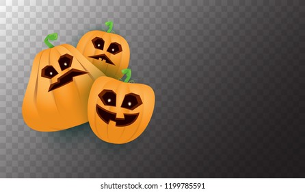 Halloween Horizontal web Banner or poster with Halloween scary pumpkins isolated on transparent background. Funky kids Halloween background with space for text