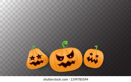 Halloween Horizontal web Banner or poster with Halloween scary pumpkins isolated on transparent background. Funky kids Halloween background with space for text