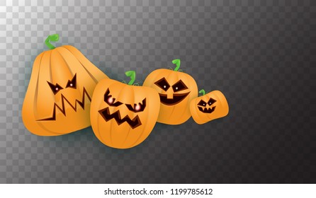 Halloween Horizontal web Banner or poster with Halloween scary pumpkins isolated on transparent background. Funky kids Halloween background with space for text