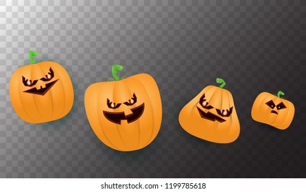 Halloween Horizontal web Banner or poster with Halloween scary pumpkins isolated on transparent background. Funky kids Halloween background with space for text