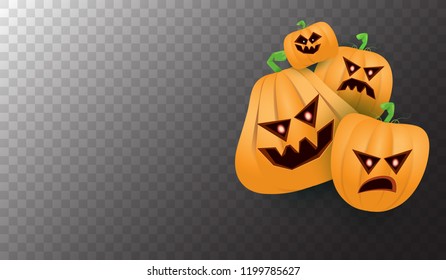 Halloween Horizontal web Banner or poster with Halloween scary pumpkins isolated on transparent background. Funky kids Halloween background with space for text