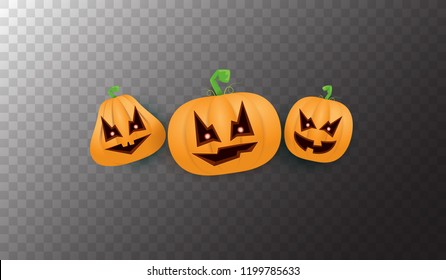 Halloween Horizontal web Banner or poster with Halloween scary pumpkins isolated on transparent background. Funky kids Halloween background with space for text