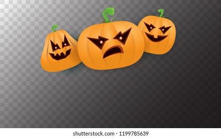 Halloween Horizontal web Banner or poster with Halloween scary pumpkins isolated on transparent background. Funky kids Halloween background with space for text