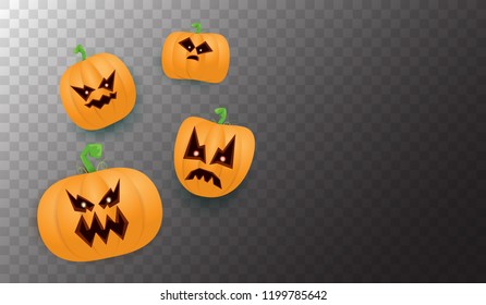 Halloween Horizontal web Banner or poster with Halloween scary pumpkins isolated on transparent background. Funky kids Halloween background with space for text