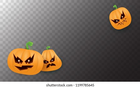 Halloween Horizontal web Banner or poster with Halloween scary pumpkins isolated on transparent background. Funky kids Halloween background with space for text