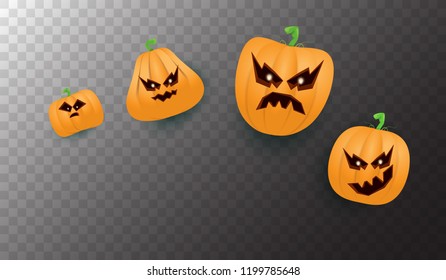Halloween Horizontal web Banner or poster with Halloween scary pumpkins isolated on transparent background. Funky kids Halloween background with space for text