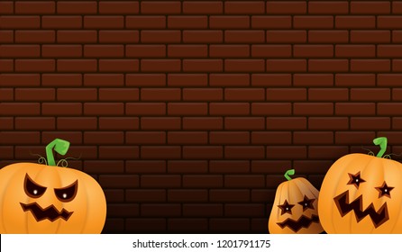 Halloween Horizontal web Banner or poster with Halloween scary pumpkins isolated on brick wall background. Funky kids Halloween background with space for text